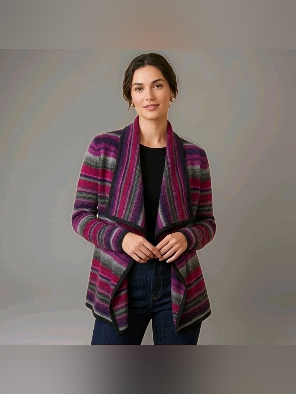 Vintage Lauren Ralph Lauren Womens Linen Blend Striped Open Front Cardigan Boho